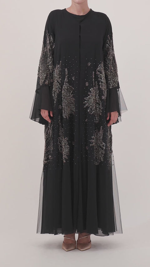 Solara abaya — chiffon tulle hem and handwork — close detail

