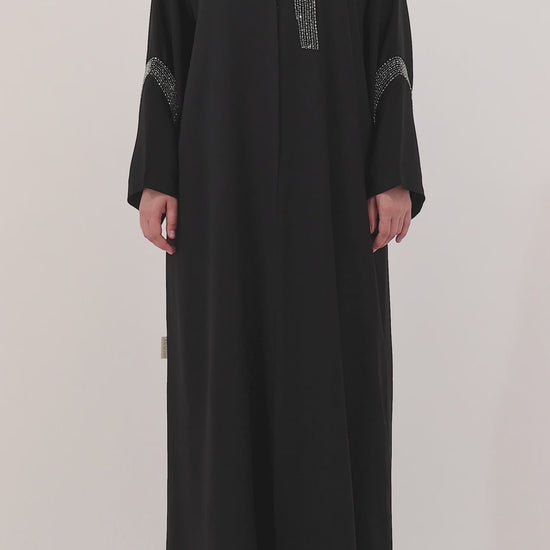 Beaded Talli abaya — front open over slip dress — styled look

