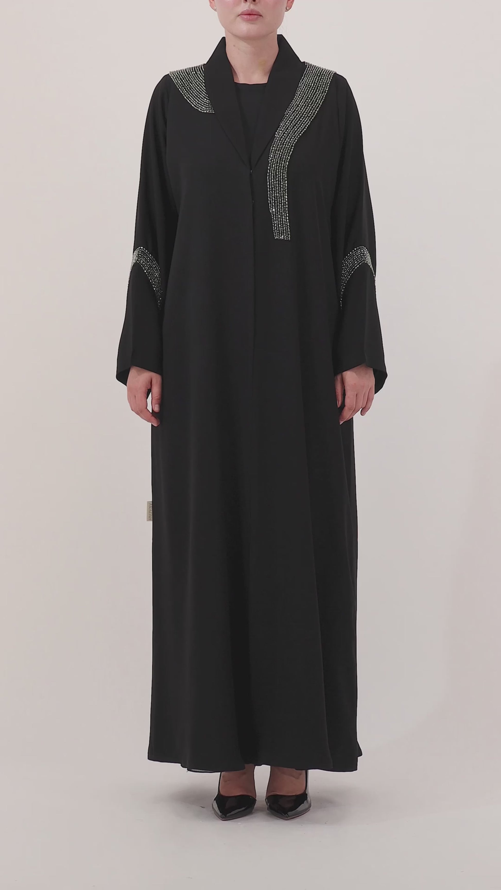 Beaded Talli abaya — front open over slip dress — styled look

