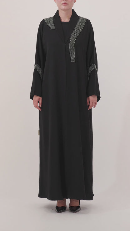 Beaded Talli abaya — front open over slip dress — styled look

