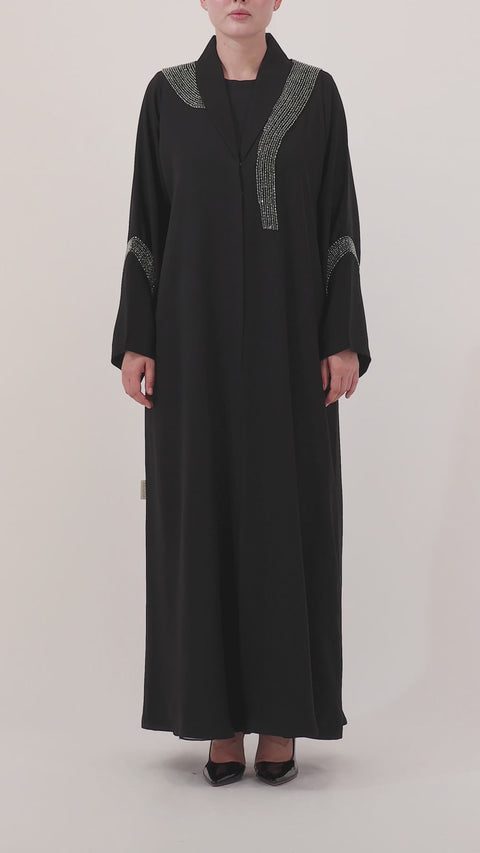 Beaded Talli abaya — front open over slip dress — styled look


